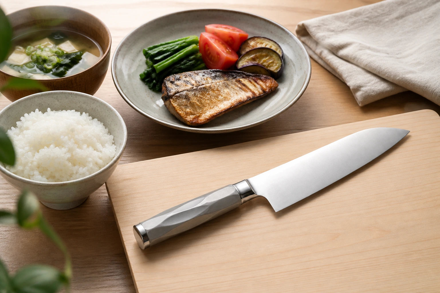 食卓とまな板の上に置かれたUMAKU三徳包丁